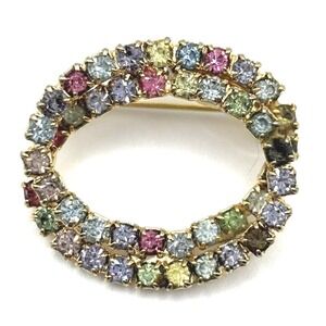 VTG Rhinestone Brooch‎ Multicolor Small Gold Tone